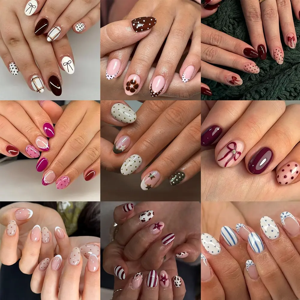 216pcs Short Oval Bow Polka Dot Star French Press-On Nails Set, Acrylic Easy Wear Nail Kit for Party Dance Daily Use