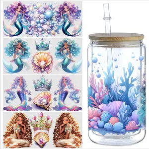 5 Sheet Mermaid UV DTF Transfer Stickers, Durable Adhesive Decorative Stickers, Waterproof Decals for 16oz Glass Cups, DIY Decoration Kit, Easy Application & Long-Lasting Design