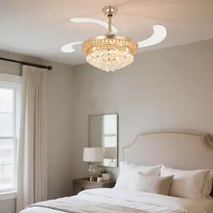 French Gold Crystal Remote Control Fan Lamp 42-inch 110V with Remote Control for Large Areas Home Lighting