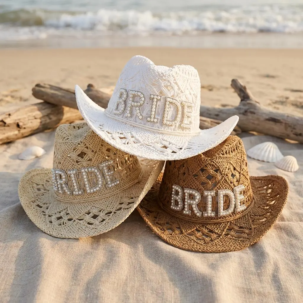 Bride Cowboy Hat Bachelorette Beach Hat Pearl Rhinestone Bride Straw Hat Bach Party Cowgirl Hat Bridal Shower Gift Bride To Be Hat