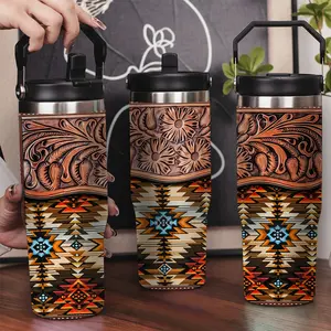 30oz Stainless Steel Insulated Tumbler with Leak-Proof Lid & Portable Handle - Decorative design with floral and geometric,Long-Lasting Hot/Cold Insulation,Perfect for Car,Office,Travel and Birthday Gifts, Travel Drinkware,Horse Drink Water Bottles