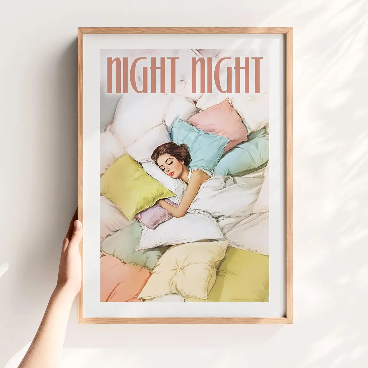 Woman in Bed Wall Art – Funny Bedroom Poster, Retro Sleep Print, Night Night Vintage-Style Decor, Quirky Bedroom Artwork, Room Decor, Unframed, 5 Sizes (8x12–27x40 inch)