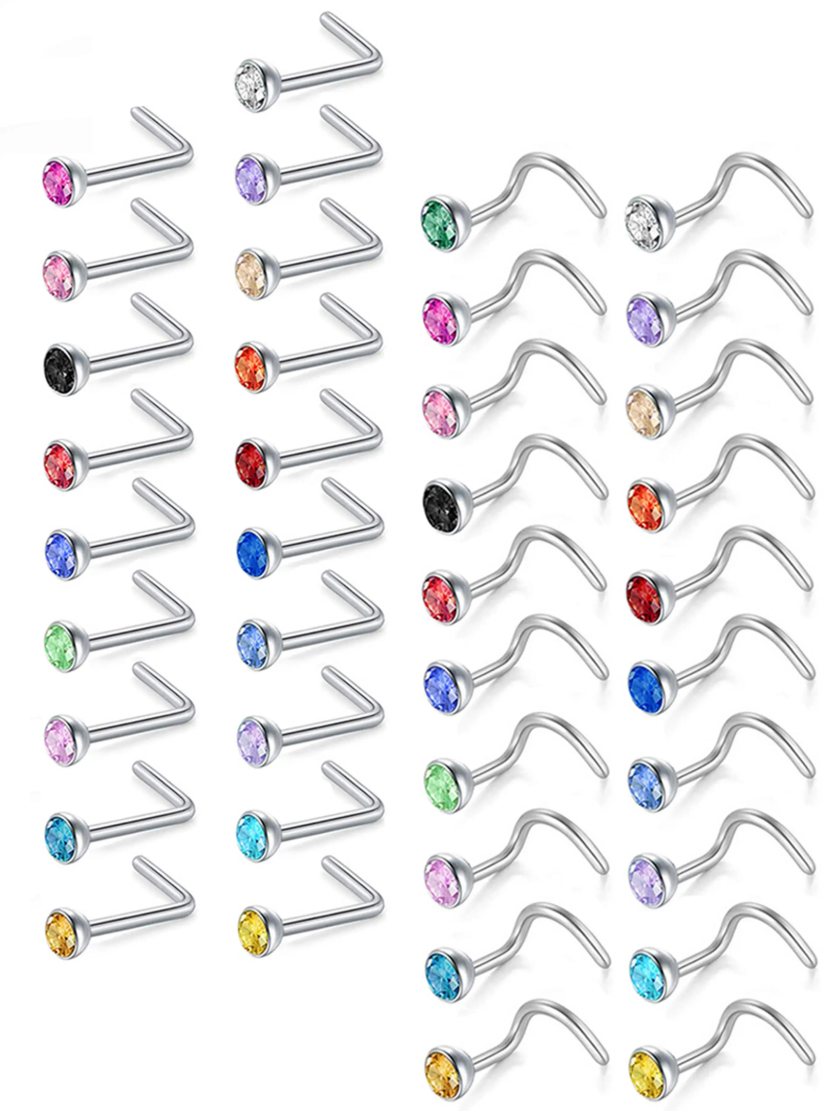 20pcs Lot Colorful Cz Crystal Nose Ring Set, 20g Stainless Steel Nose Piercings, Septum Piercing, 3mm Round Gem Bone Retainer, Nose Piercing Kit, Piercing Jewelry, Nose Rings Set, Nose Rings Studs