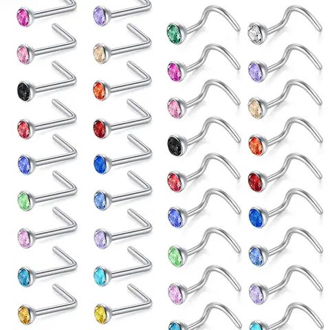 20pcs Lot Colorful Cz Crystal Nose Ring Set, 20g Stainless Steel Nose Piercings, Septum Piercing, 3mm Round Gem Bone Retainer, Nose Piercing Kit, Piercing Jewelry, Nose Rings Set, Nose Rings Studs, Body Piercing Jewelry