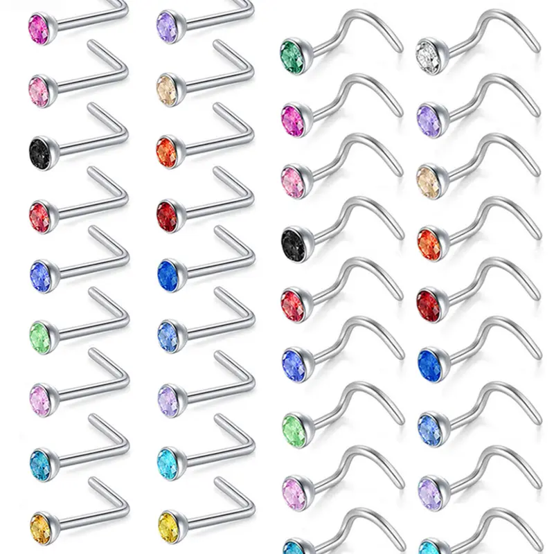 20pcs Lot Colorful Cz Crystal Nose Ring Set, 20g Stainless Steel Nose Piercings, Septum Piercing, 3mm Round Gem Bone Retainer, Nose Piercing Kit, Piercing Jewelry, Nose Rings Set, Nose Rings Studs, Body Piercing Jewelry
