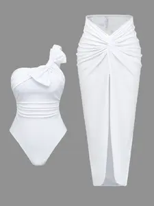 Women's Tie Back One-Piece Swimsuit + High Slit Skirt, Ruched Swimsuit, Sexy Slimming Beach Vacation Essential, Summer Swimwear Set