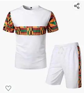 Colourful Ankara T-Shirt with short Set, African Men Clothing, African Men's Wear, Ankara Shirt... White- Black-Grey Black