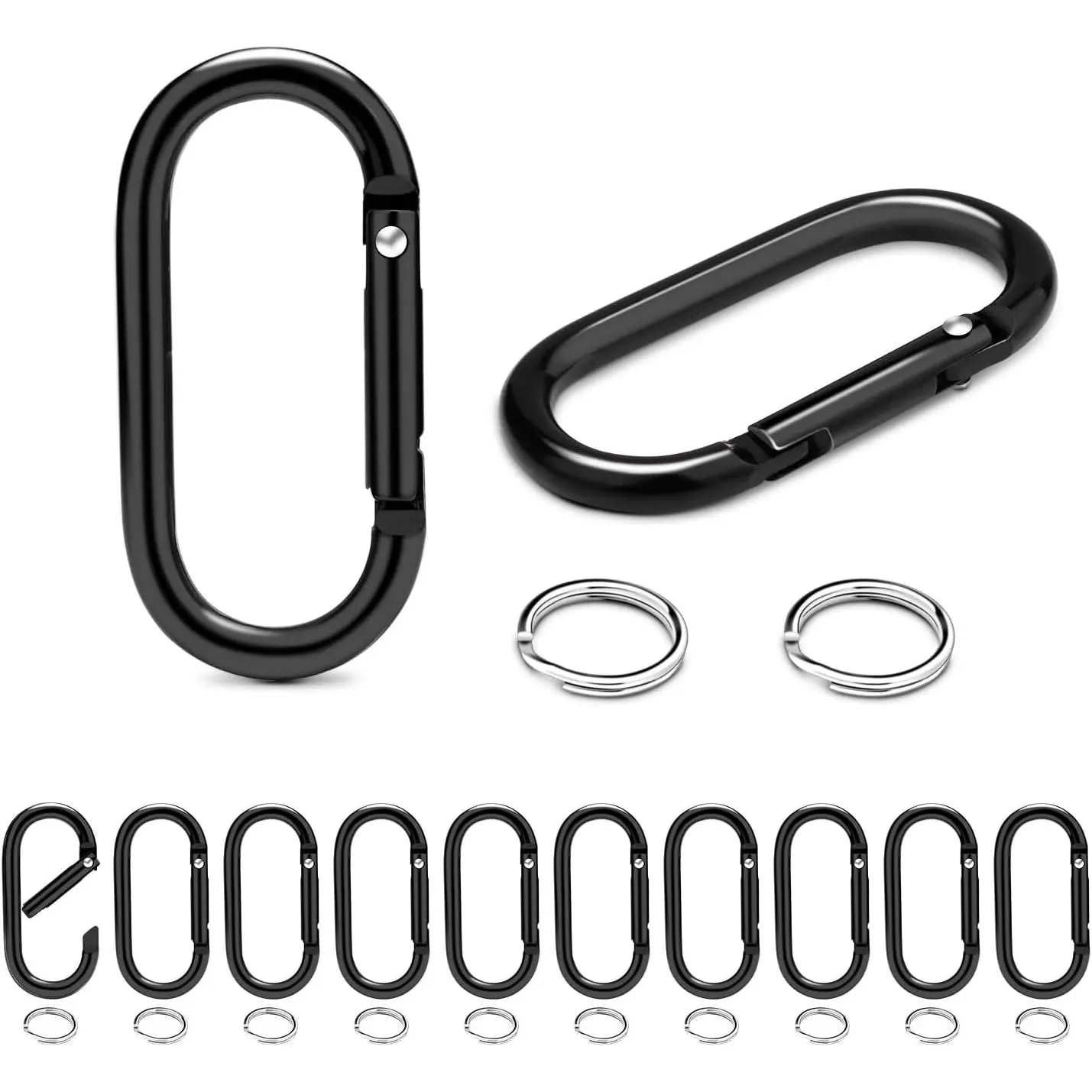 12-Set 2-Inch Miniature Short Lightweight Compact Aluminum Spring Oval Carabiner Clips for Adults, with Flat O-Rings, Extra Key Ring Pack, 33 lb/15 kg Load Capacity, Black, Hiking Backpack Connection, Camping Supplies