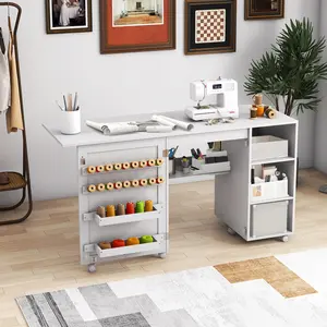 COSTWAY - Multifunctional Folding Sewing Machine Craft Station with Storage Shelves-White
