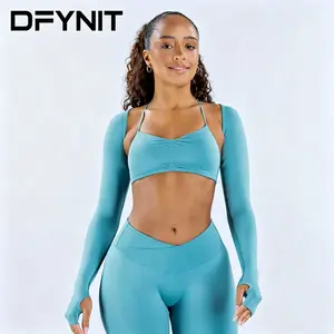 （With Logo）Seamless 3-Piece Yoga Set: Cross Halter Sports Bra + Thumbhole Arm Shrug + V-Waist Leggings, Women’s Workout Activewear
