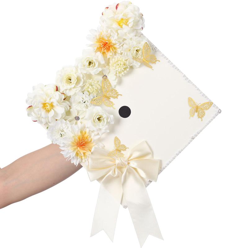 Graduation Cap Decoration Kit with Artificial Flower Heads 3D Butterfly Construction Paper Stickers Pearl Adhesive Dots Satin Bow for Grad Cap Topper DIY Craft Art Decor Grad Gift