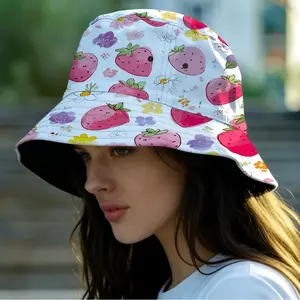 1 top Pink strawberry Printed bucket hat/beach hat, unisex outdoor sun hat, stylish bucket hat, perfect for parties, birthdays, and holidays.