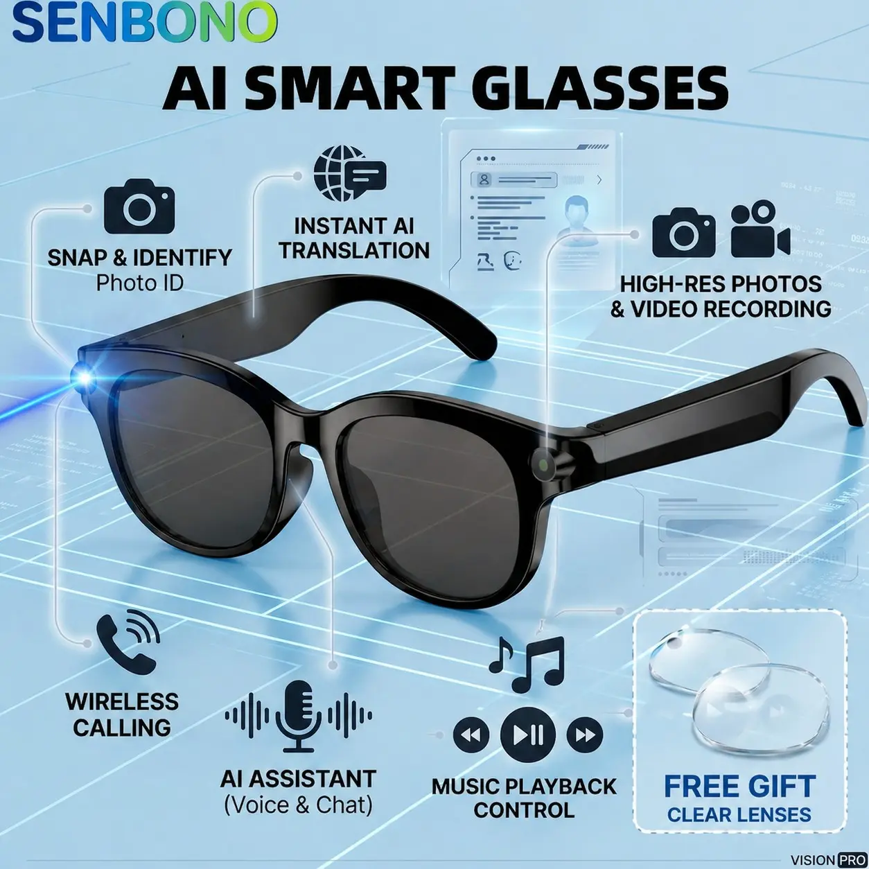 Senbono HD Multifunctional Smart Glasses Camera, 2mp Video Recording, Wireless Calling, Music Playback, Voice Assistant, Portable Sports Eyewear