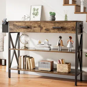 Gizoon 39" Entryway Table with 2 Drawers and 3 Tier Storage Shelves, Industrial Narrow Long Sofa Table, Farmhouse Style Console Table for Living Room, Hallway, Couch, Small Spaces - Rustic Brown