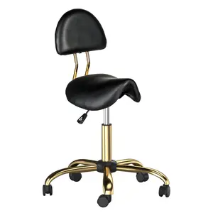 Black & Gold PVC Leather Craftman Stool, Saddle Seat with Semi-Circular Backrest, 280mm Golden Electroplated Five-Star Base