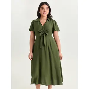 BLOOMCHIC Women's Plus Size Casual Wear Nylon Fabric Short Sleeve Knotted Front Collar Plain Midi Dress with Pocket [M-6X] - 2026 Summer Swimweek Vibes, Spotlight Deals
