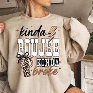 Retro Kinda Boujee Kinda Broke Sweatshirt, Funny Fall Graphic Sweater, Trendy Leopard Print Pullover, Cozy Retro Crewneck, Cute Gift for Women, Crew Neck T-shirt, Trending