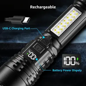 Rechargeable LED Flashlights with Side Lights and Digital Power Display, Zoomable High Lumens Bright Flashlight with Warning Lights for Home and Outdoor Emergency, Camping Essentials, Survival Gear