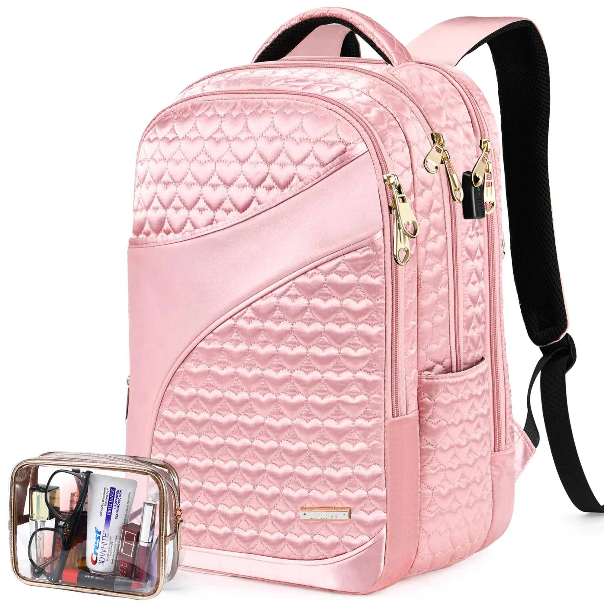 15.6'' Laptop Backpack for Men & Women, Birthday Gifts College Backpack with USB Charging Port, Carry on Backpack for Airplanes Pink, Gold Zipper
