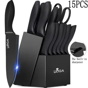 15PCS stainless steel kitchen knife set, kitchen knife set with knife rest-built-in sharpener, non-slip ABS handle, chef knife, kitchen scissors. 6PCS steak knife suit is suitable for families and restaurants, and it is a good gift for chefs.