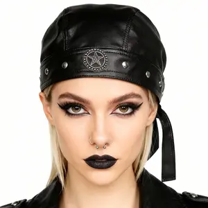 Women's Leather Adjustable Ties Bandana Pirate Cap Star Studded Headwraps Doo Rag Motorcycle Biker Hip Hop Urban Circular Studded Star Badge