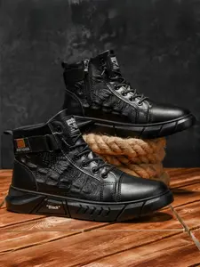 Men's High-Top Casual Shoes, Soft Leather Outer, Skin-Friendly Inner Lining, Side Zipper for Easy Wear, Durable Anti-Slip Sole