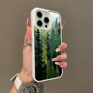 Stained Glass Forest Case - Pine Tree Nature Scene Pattern Shockproof Silicone Scratch Resistant for iPhone 17 16 15 14 13 12 phone case - Stylish Trendy Gift for Women