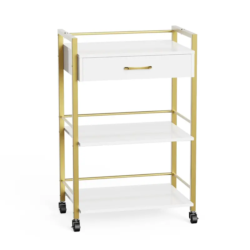 OmySalon White Gold Wooden Salon Trolley Cart - 0.59" Thick Board Organiser, 1 Drawer, 2 Trays, Lockable Transport Wheels, Side Rails, Single Unit Mobile Utility Cabinet for Beauty Tools, Room Storage