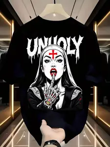 Men's Gothic Nun & UNHOLY Religious Punk Rock T-Shirt - Soft Breathable Cotton Crew Neck Short Sleeve with Nun Face, Cross & Nun Hand Print - Black & White Gothic Tee for Halloween, Concerts, Casual Wear (Unisex Adult Sizes Available)