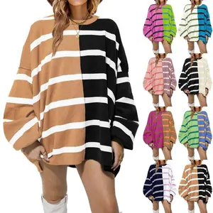 Women's Striped Sweater Round Neck Long Sleeves Knitted Colorful Block, Casual Loose Lightweight Women's Sweatshirt