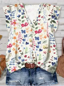 Women's Casual Bohemian Floral V-Neck Top, Ruffle Short Sleeve Boho Button Front Blouse, Loose-Fitting Summer Shirt
