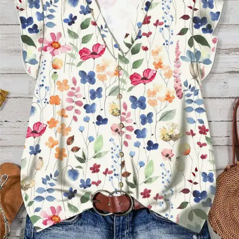 Women's Casual Bohemian Floral V-Neck Top, Ruffle Short Sleeve Boho Button Down Front Blouse, Loose-Fitting Summer Shirt, Boho Tops