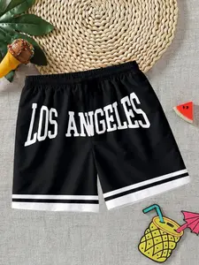 Los Angeles 96 Gothic Print Boys' Casual Shorts, Trim Elastic Waist Trendy Trunks, Loose-Fitting Knee-Length Boxers