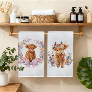 2pcs floral wreath butterflies Highland cow kitchen towels, Decorative kitchen towels, 16*24 inches, soft and absorbent dish towels, perfect for decorating farmhouse-style kitchens and bathrooms, ideal for easy dishwashing, home decoration, and weddings