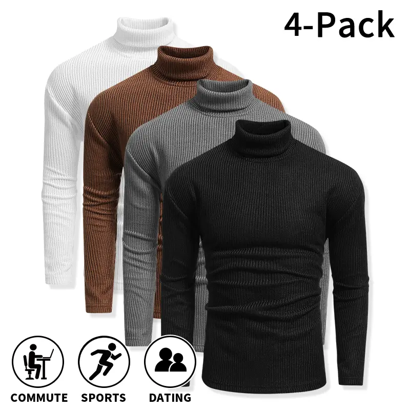 4‑Pack Men’s Vertical‑Ribbed Pullover Sweaters, Elastic Versatile Basic Knit Tops, Suitable for Commuting, Sports/Fitness, and Everyday Date Outfits