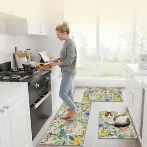 1/2/3Pcs Boho Floral Kitchen Mats for Floor,Pink/Yellow/Purple Flowers Print Pattern Home Decor,Pineapple Texture Design Kitchen Rugs,Washable Non-Slip and Wear-resistant Floor Mat,Doormat 16X24+20X32+20X47 Inches