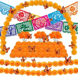 65pcs Day Of The Dead Decorations Set Include 1 Artificial Marigold Garland 30 Flowers With Stem 10 Mexican Banners Papel Picado 24 Butterfly For Dia De Los Muertos Diwali Altar Decor