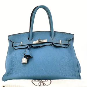 Pre-owned HERMÈS leather Tote Bags Blue Jean Clemence Palladium Plated Birkin Bag NO1 J00159