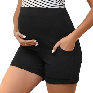 INSPIRE CHIC Women's Denim Summer Lounge Workout Roll Hem with Pockets Maternity Jeans Pregnancy Shorts Black