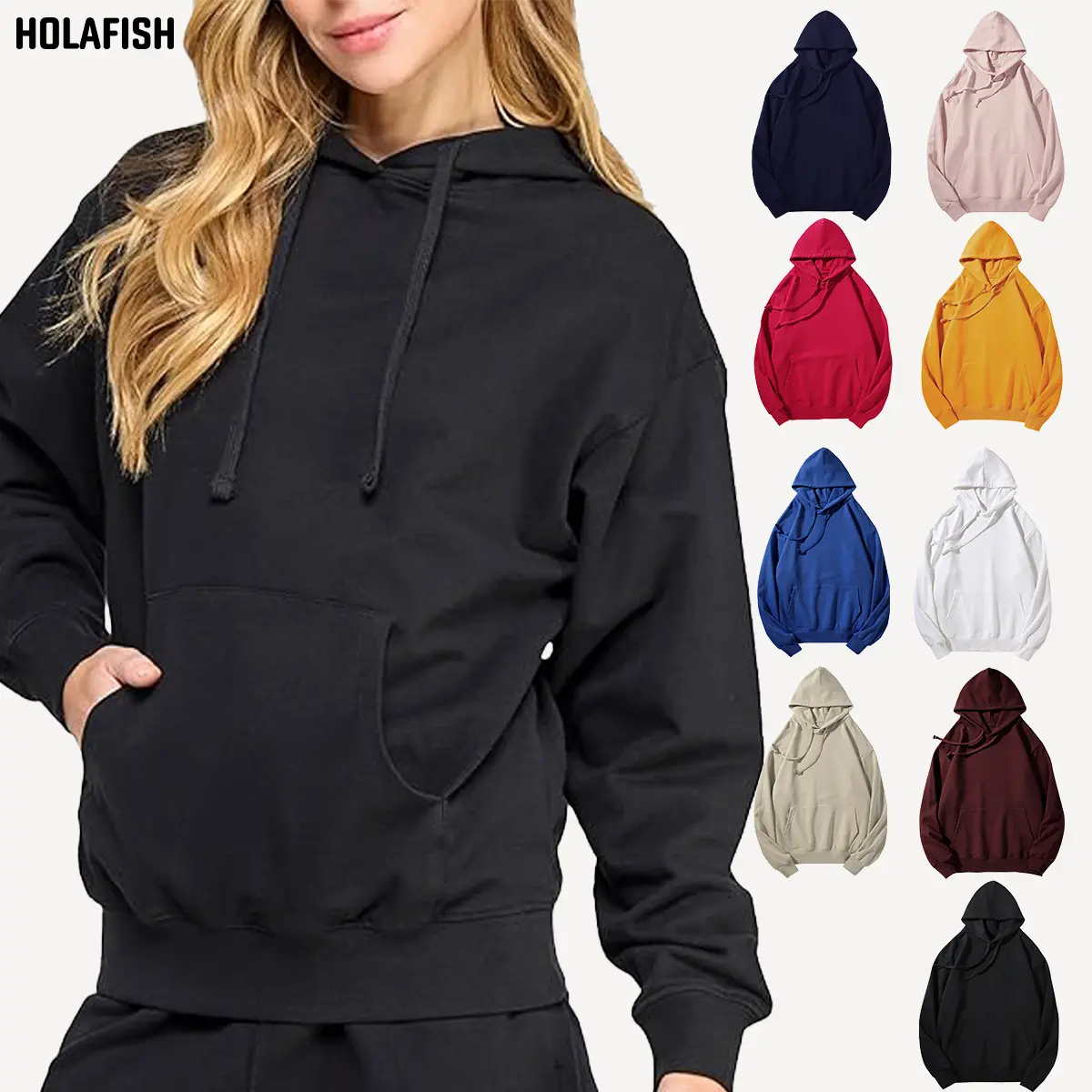 Holafish Women's Casual Loose Fit Hoodie, Fleece-Lined Cotton Blend Pullover with Kangaroo Pocket for Everyday Wear