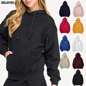 Holafish Women's Hoodies Fleece Sweatshirts Cute Long Sleeve Loose Fit Pullover Shirts with Kangaroo Pocket Casual Korean Minimalist Style 2025 Cozy Cotton Polyester Blend Winter Clothes