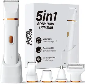 5-in-1 Bikini Trimmer for Women, IPX7 Waterproof Electric Shaver with Ceramic Blades & Digital Display, USB Rechargeable Cordless Grooming Kit for Body, Face & Sensitive Areas