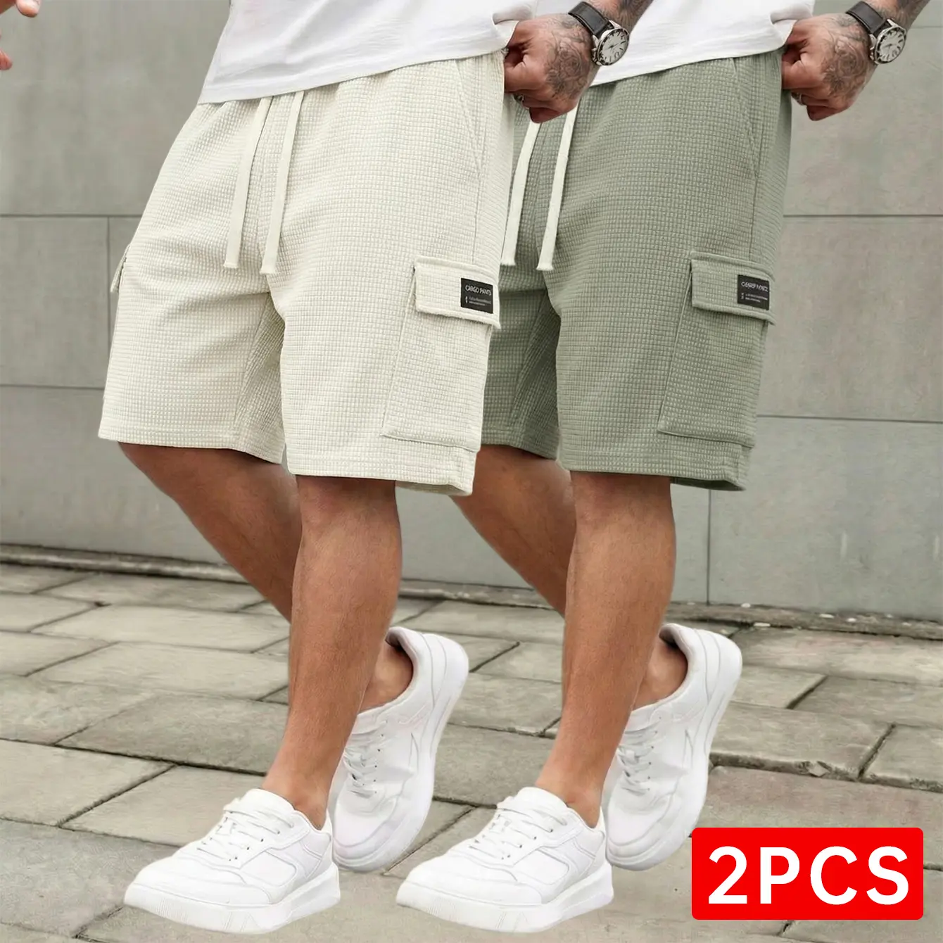3-pack men’s waffle fabric casual cargo shorts with drawstring waist, available in multiple colors, suitable for summer streetwear outfits 3-pack men’s waffle fabric casual cargo shorts with drawstring waist, available in multiple colors, suitable for summer streetwear outfits
