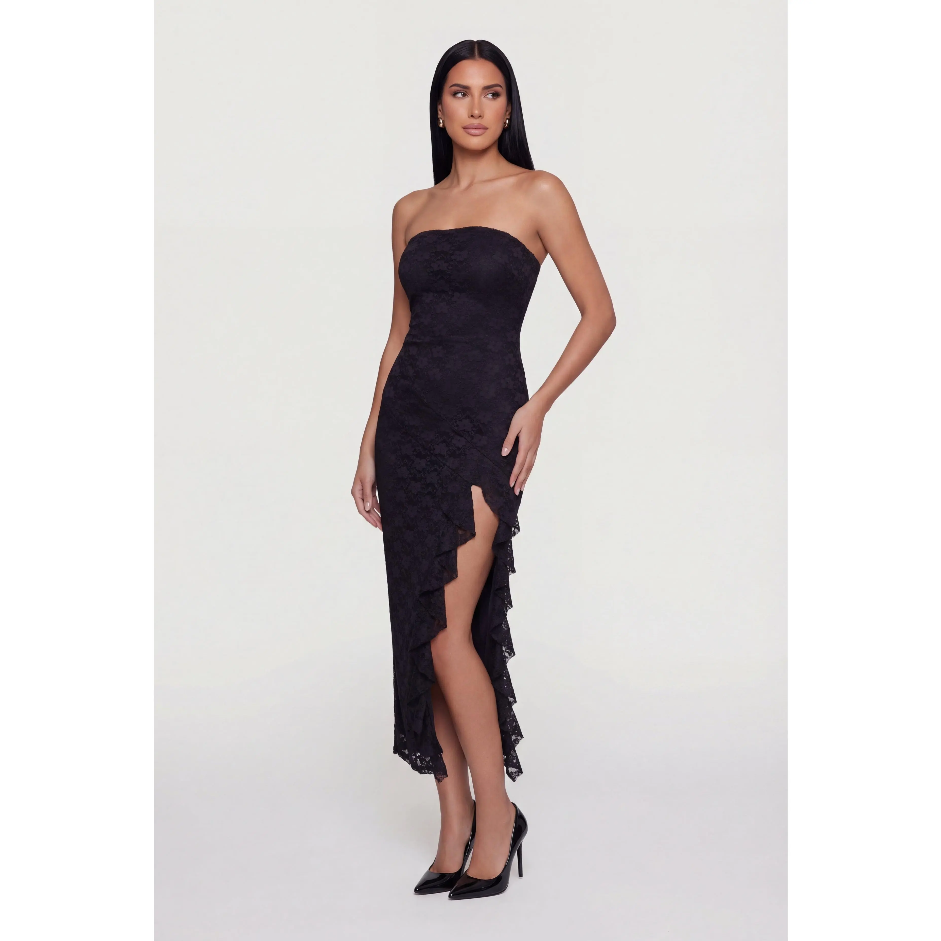 Ruffle Trim Side Slit Lace Overlay Midi Dress