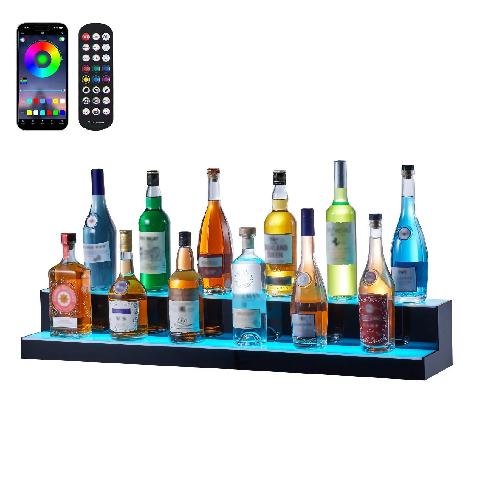 VEVOR LED Lighted Liquor Bottle Display Shelf - 2-Tier 40in Commercial Acrylic Wine Rack Utensils, RF Remote & App Control Multicolor LED Lighting, for Indoor/Outdoor Home Bar Party Use, Translucent