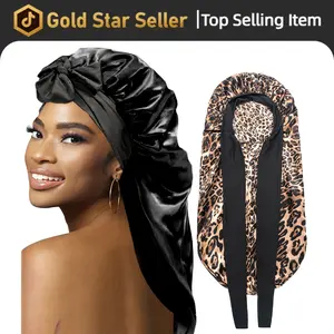Bonnets for Black Women Braid Bonnet Large Long Satin Silk Bonnet with Stretchy Tie Band Sleep  Shower Cap Hair 2 Count Black&Leopard Cover,valentine's day gifts for her/him