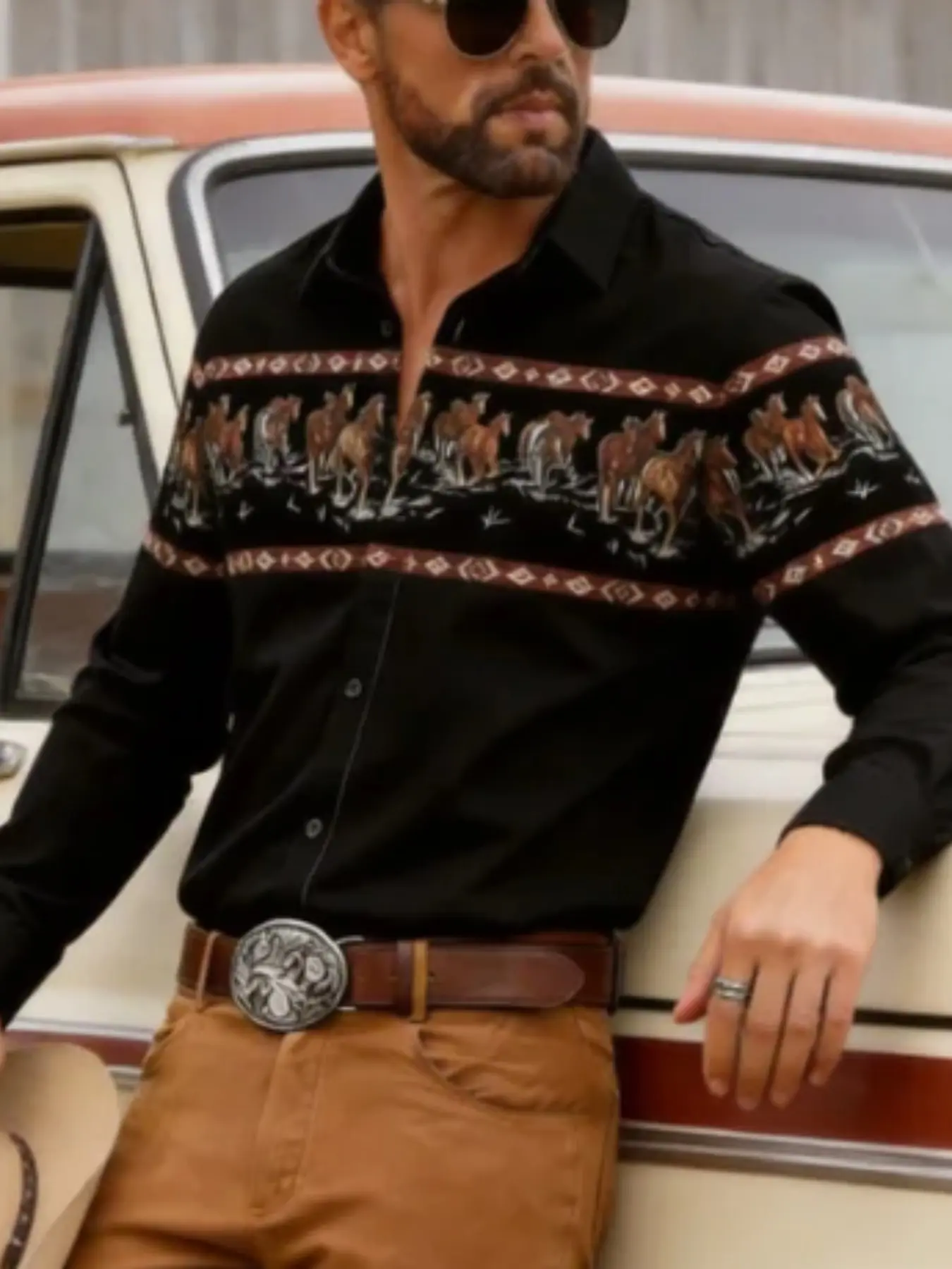 Vintage Bohemian Western Shirt, Horse Print Tribal Striped Colorblock Long Sleeve Casual Button Up Top, Boho Casual Shirt, Fitted Style, All Seasons, Collared Shirts