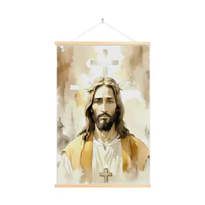Christian Scroll Wall Art - Jesus Picture / Verse Cross / Floral Bible Verse Decorative Fabric Scroll - 16x24 Inches - Handcrafted Solid Wooden Scroll