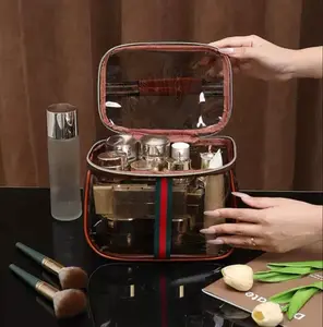 New Retro Vintage Vanity Bag, Makeup Organizer for Women, Ladies Travle Storage Case, Transparent Toiletry Bag, Portable Skincare Storage Case (Brown)
