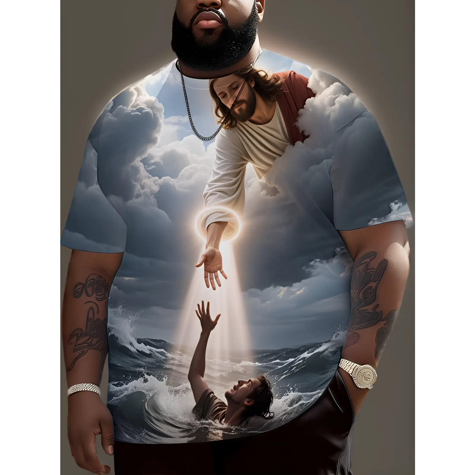 Men's Multi-color Short-sleeve T-shirt Featuring a Religious Scene of Christ Rescuing People from the Water, Perfect for Casual Attire and Expressing Faith, Available in Plus Sizes, PLUS SIZE